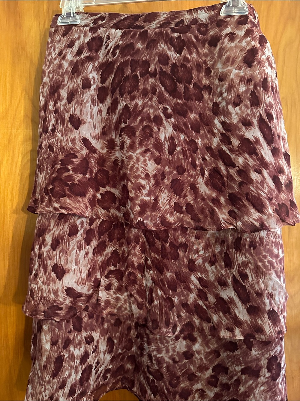 Focus by Shani Silk Skirt Size 10 NWT Tiered Ruffle Animal Print Burgundy